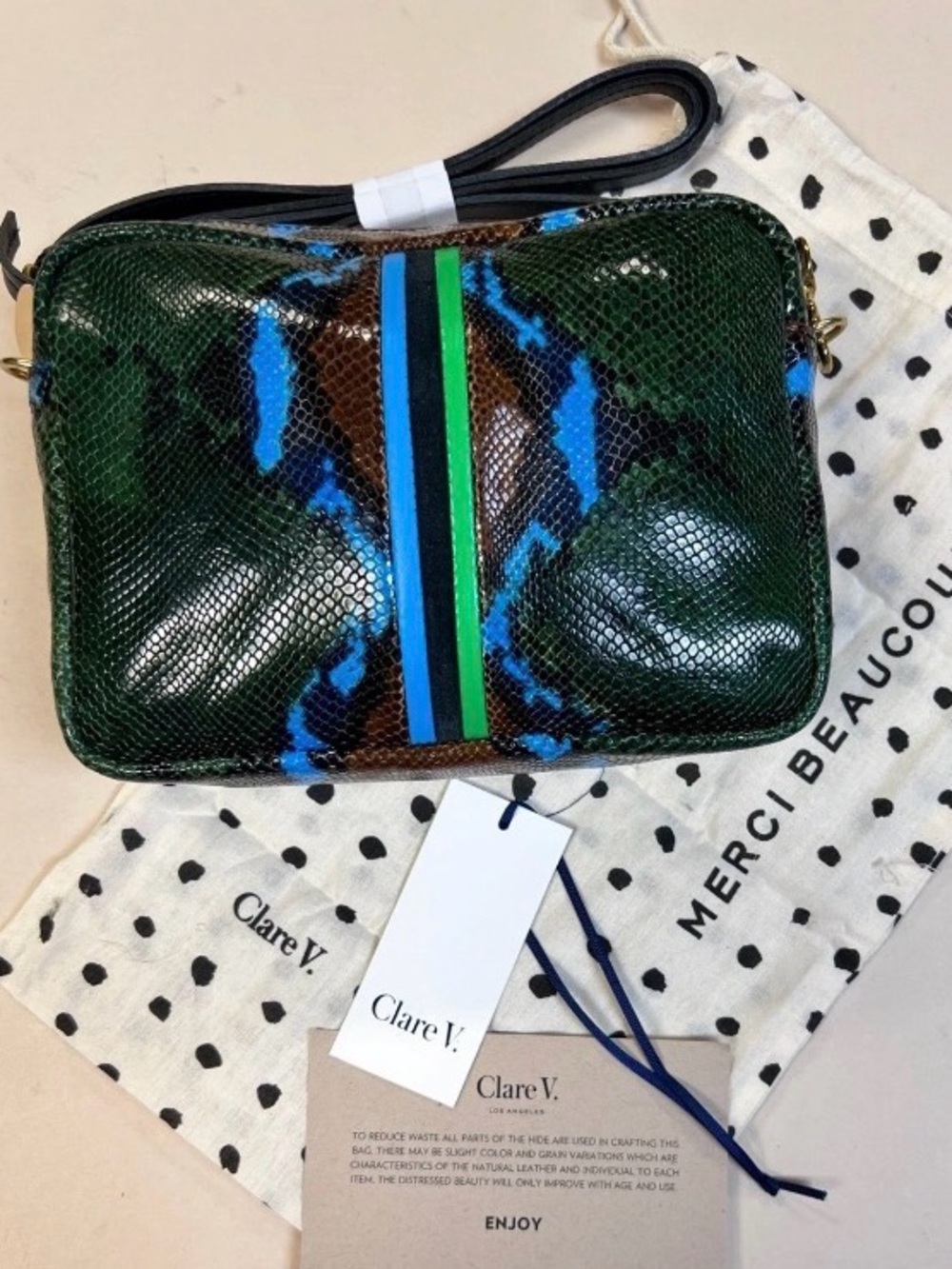 Clare V Midi Sac Women Green Snake Embossed Leather Crossbody Camera Bag NWT - Picture 9 of 9